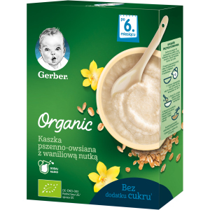 Упаковка дитячої каші Gerber Organic суха безмолочна органічна Пшенично-вівсяна з ванільним смаком з 6 місяців 240 г х 9 шт (7613036531542) рейтинг