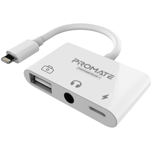 Адаптер Promate MediaBridge-i Lightning/USB 3.0 OTG+AUX 3.5 мм+10 Вт Lightning-in White (mediabridge-i.white) ТОП в Ужгороді