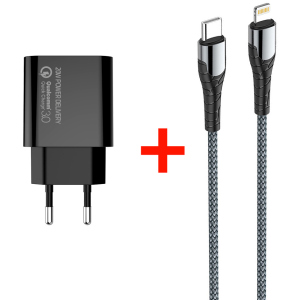 Мережевий зарядний пристрій СolorWay Power Delivery USB Type-C (20W) V2 + Кабель Type-C-Apple Lightning (PD 30W) 3.0А 1 м (CW-CHS026PD-BK/CBPDCL033-GR) в Ужгороді