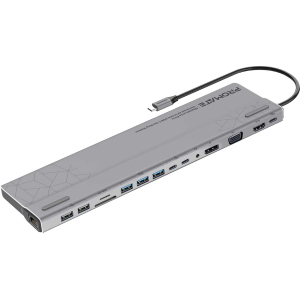 Док станция 15-в-1 Promate BaseLink-Pro USB-C PD/HDMI/VGA/DisplayPort/3xUSB 3.1/2xUSB-C 3.1/2xUSB 2.0/RJ45/SD/MicroSD/AUX 3.5 мм Grey (baselink-pro.black) в Ужгороде