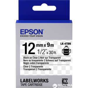 Картридж зі стрічкою Epson LabelWorks LK4TBN 12 мм / 9 м Black/Clear (C53S654012) краща модель в Ужгороді