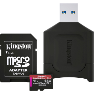 Kingston MicroSDXC 64GB Canvas React Plus Class 10 UHS-II U3 ​​​​V90 A1 + SD-адаптер + USB-кардрідер (MLPMR2/64GB) ТОП в Ужгороді