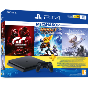 Ігрова приставка PlayStation 4 1ТБ Black у комплекті з 3 іграми та підпискою PS Plus (Ratchet &amp; Clank + Horizon Zero Dawn + Gran Turismo Sport + PS Plus 3 місяці) в Ужгороді