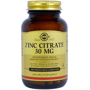 Цинк Solgar Цитрат, 30 мг, Zinc Citrate, 100 вегетарианских капсул (33984036703) лучшая модель в Ужгороде