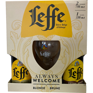 Подарочная упаковка Leffe Blonde светлое фильтрованное 6.4% 0.75 л + Brune темное 6.5% 0.75 л + Бокал 0.33 л (4820034922286)