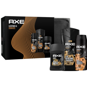 Подарунковий набір AXE Leather and Cookies Гель для душу 250 мл + Аерозоль 150 мл + Дезодорант-олівець 50 мл + Косметичка (8720182991218) краща модель в Ужгороді