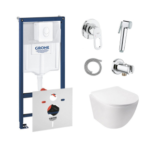 Комплект инсталляция Grohe Rapid SL 38722001 + унитаз с сиденьем Qtap Jay QT07335176W + набор для гигиенического душа со смесителем Grohe BauLoop 111042 лучшая модель в Ужгороде